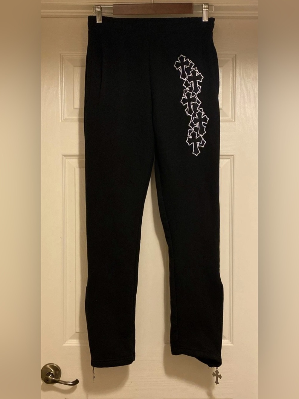 Saint Latin Cross Adjustable Flare Sweatpants Zipper Bottom Cross Charms